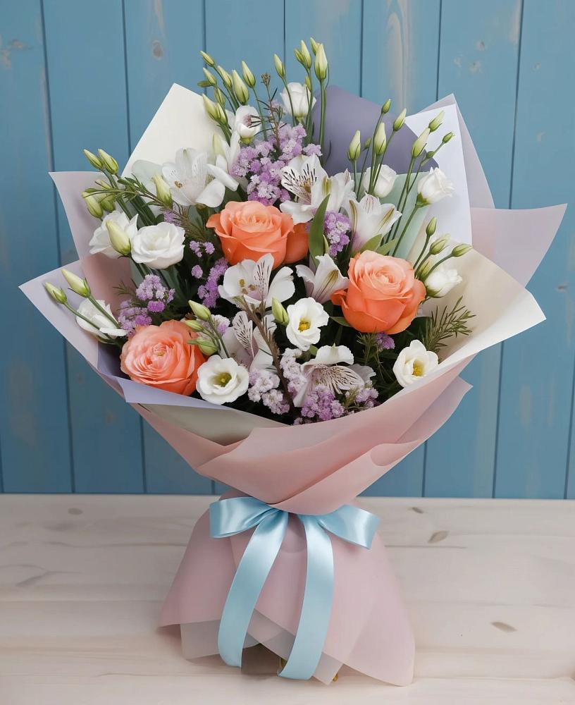 Букет цветов из: Лизиантусы, Розы, Альстромерии и Гипсофила в Губкине