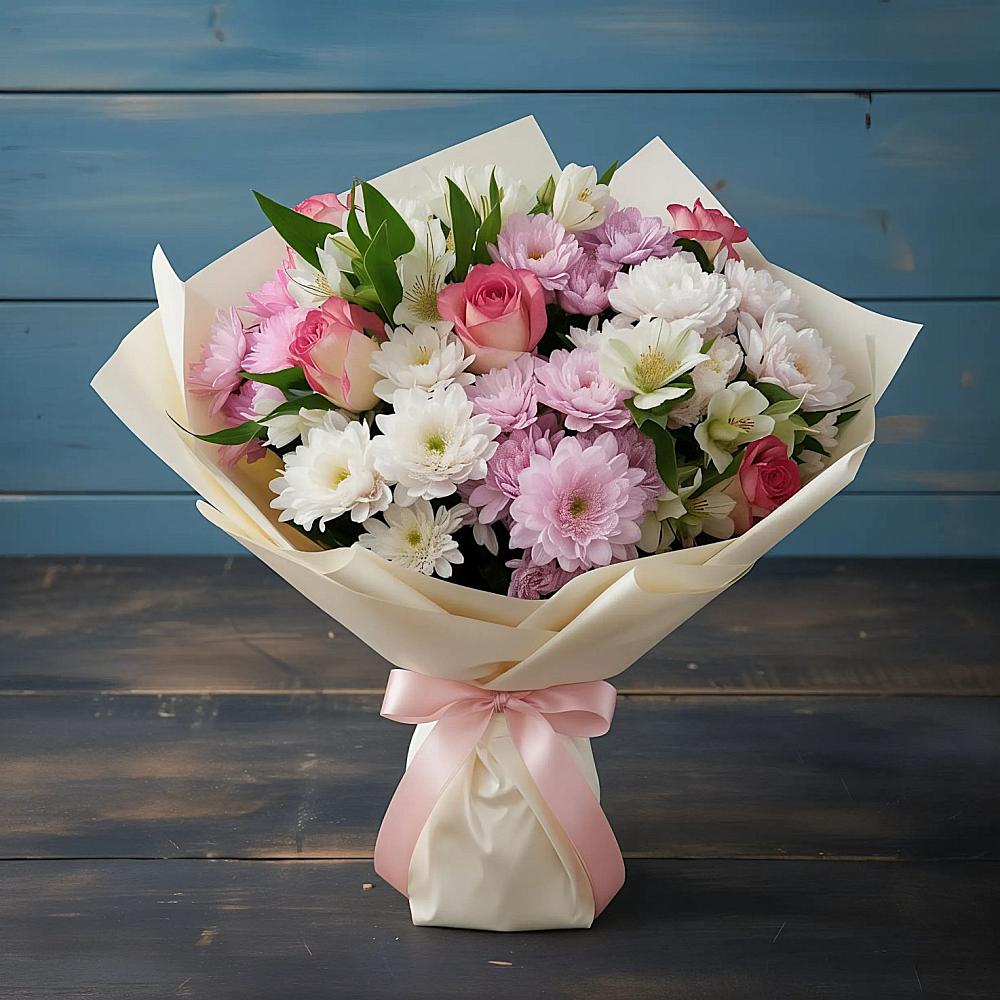 Букет цветов из: Хризантемы, Альстромерии и Розы в Губкине